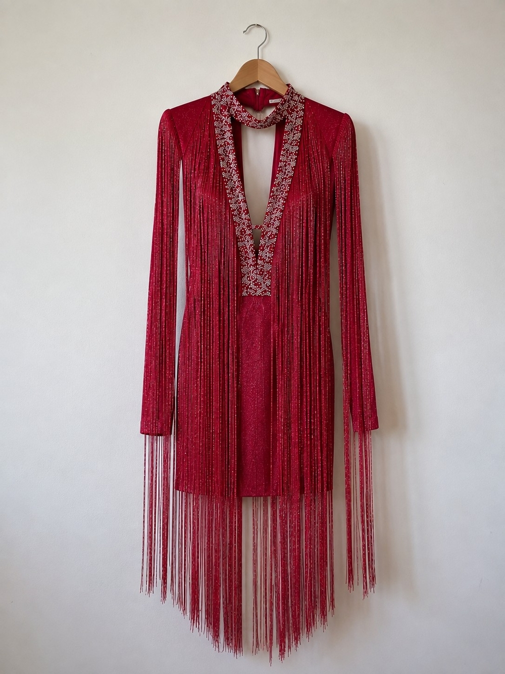 Red Fringe Embellished Deep-V Dress